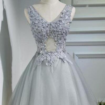 Beautiful Grey Tulle V-neckline Lace Applique Beaded Short Party Dress , Grey Homecoming Dresses