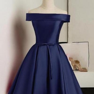 Beautiful Navy Blue Satin Knee Length Homecoming Dress, Blue Short Prom Dress
