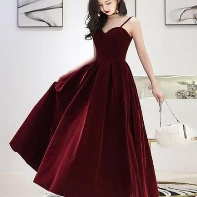 Wine Red Velvet Straps V-neckline Party Dress, Long Burgundy Prom Dress Evening Dresses