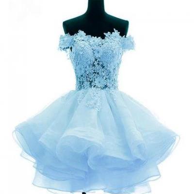 Light Blue Organza with Flower and Lace Short Party Dress, Blue Homecoming Dress