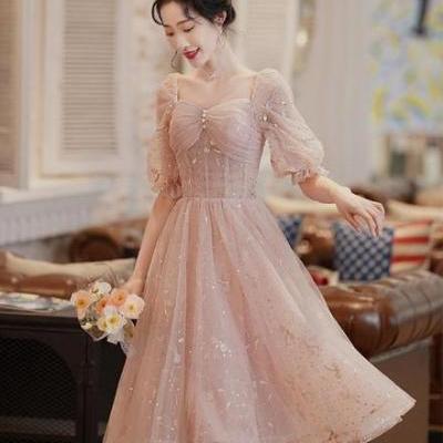 Lovely Pink Lace Short Sleeves Sweetheart Vintage Style Party Dress, Pink Homecoming Dresses