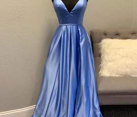 A Line V Neck Satin Long Prom Dresses with Hihg Split Royal Blue Formal Evening Gowns main image 1