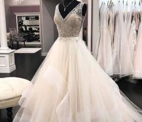 Long Tulle Dress with Deep V Neck Satin Sash Decor Ivory
