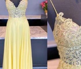 Yellow Tulle Lace V Neck Long A Line Prom Dress, Bridesmaid Dress on Luulla