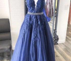 Sparkle Column V Neck Sleeveless Court Train Blue Lace Tulle Prom Dress, Fishtail