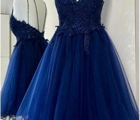 Lovely Navy Blue Lace Short Off Shoulder Prom Dress, Navy Blue Lace Homecoming Dresses