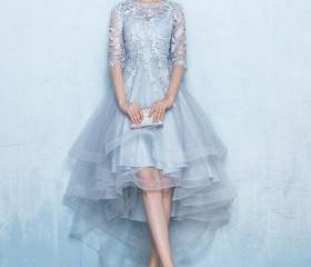 Gray Blue Tulle Appliques A Line Evening Dress Prom Dress Y8341 main image 1