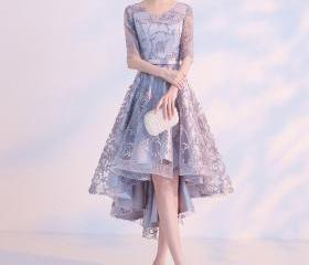 Gray Lace High Low Prom Dress, Formal Graduation Homecoming Gown