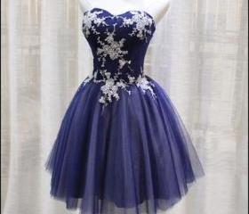 Blue Tulle Short Homecoming Dress With 3D Flowers Y38