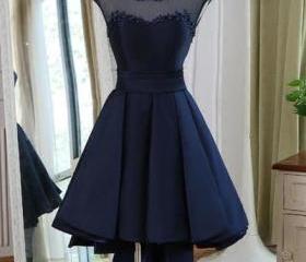 Beautiful Navy Blue Satin High Low Formal Dress, Dark Blue Homecoming ...