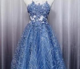 Royal Blue Tulle with Lace Applique High Low Party Dress Blue Homecoming Dress Y671