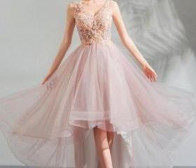 Lovely Pink V-neckline Lace Applique Tulle Party Dress, Short Pink Formal Dress