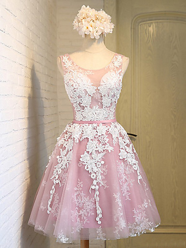 Pink Homecoming Dresses With White Lace, Round Neck Homecoming Dresses, Organza Homecoming Dresses, Lace Up Homecoming Dresses, Homecoming