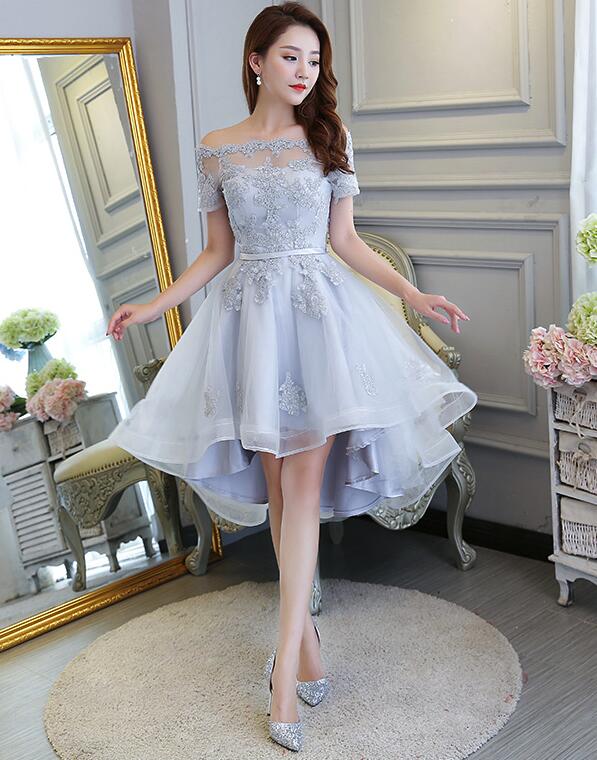 Grey High Low Lace Detail Off Shoulder Homecoming Dresses 2023,beautiful Party Dres