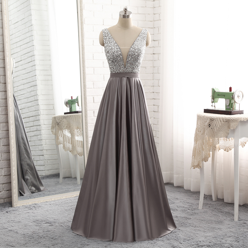 Beautiful Grey Satin Beaded Long Party Dress, Grey Evening Gowns,prom Dresses