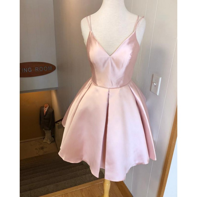 2019 Spaghetti Straps V-neck Homecoming Dresses,simple Pink Cocktail Dress