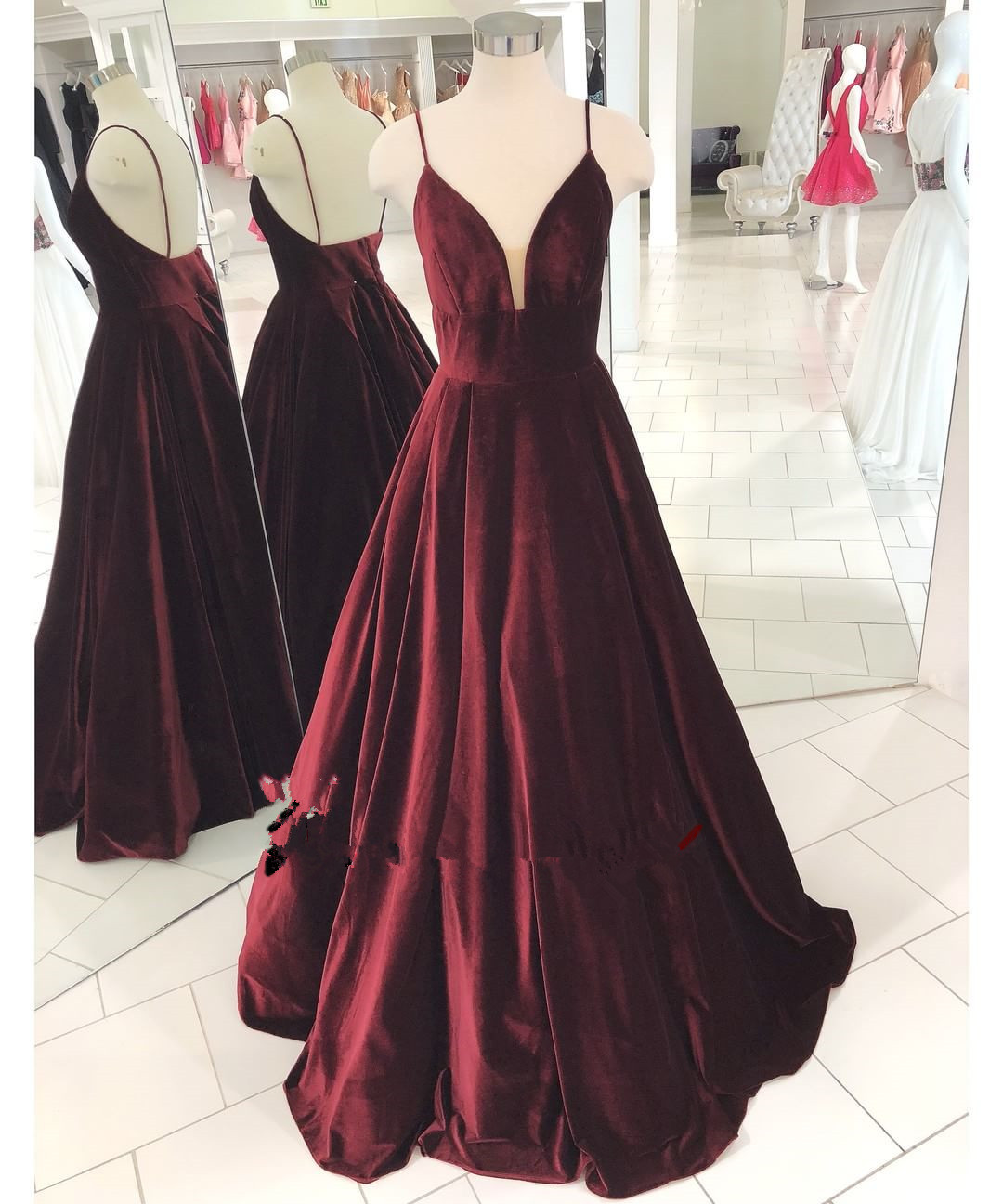 Vintage V Neck Burgundy Prom Dress 2019