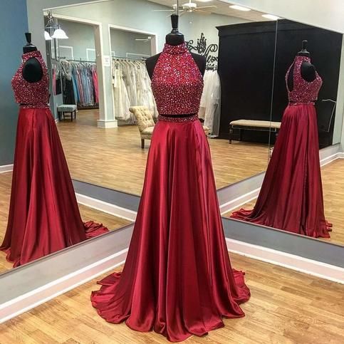 Two Pieces Prom Dress With Beaded high Neck Top 2019 Evening Gown on Luulla