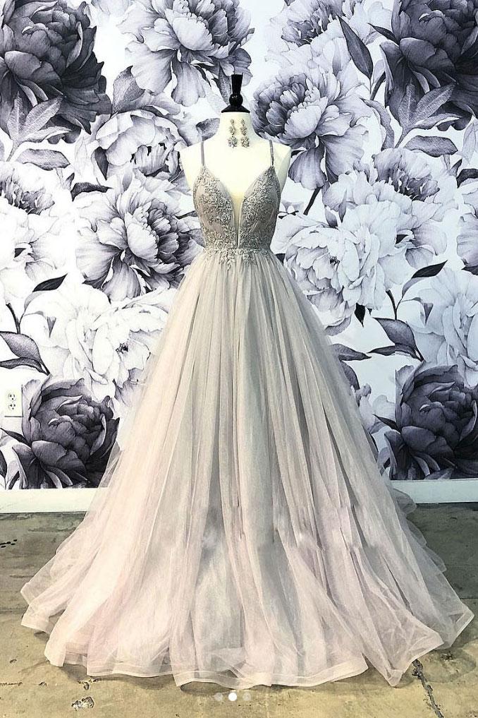Elegant Spaghetti Straps Grey Tulle Prom Dress With Lace,applique Formal Dress,long Sweetheart Evening Dresses
