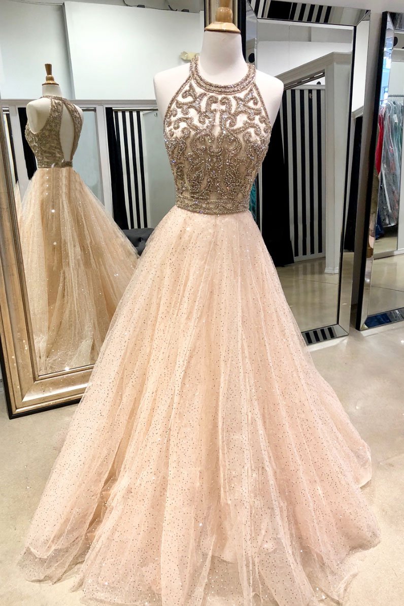 Champagne Stunning Halter Beaded Crystal Bodice Prom Dress,tulle A-line Formal Dresses