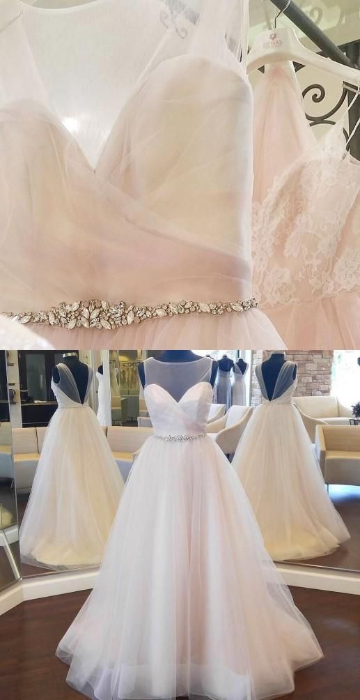 Charming Tulle Wedding Dress With Beaded Sash,floor Length A Line Back Open Bridal Dress