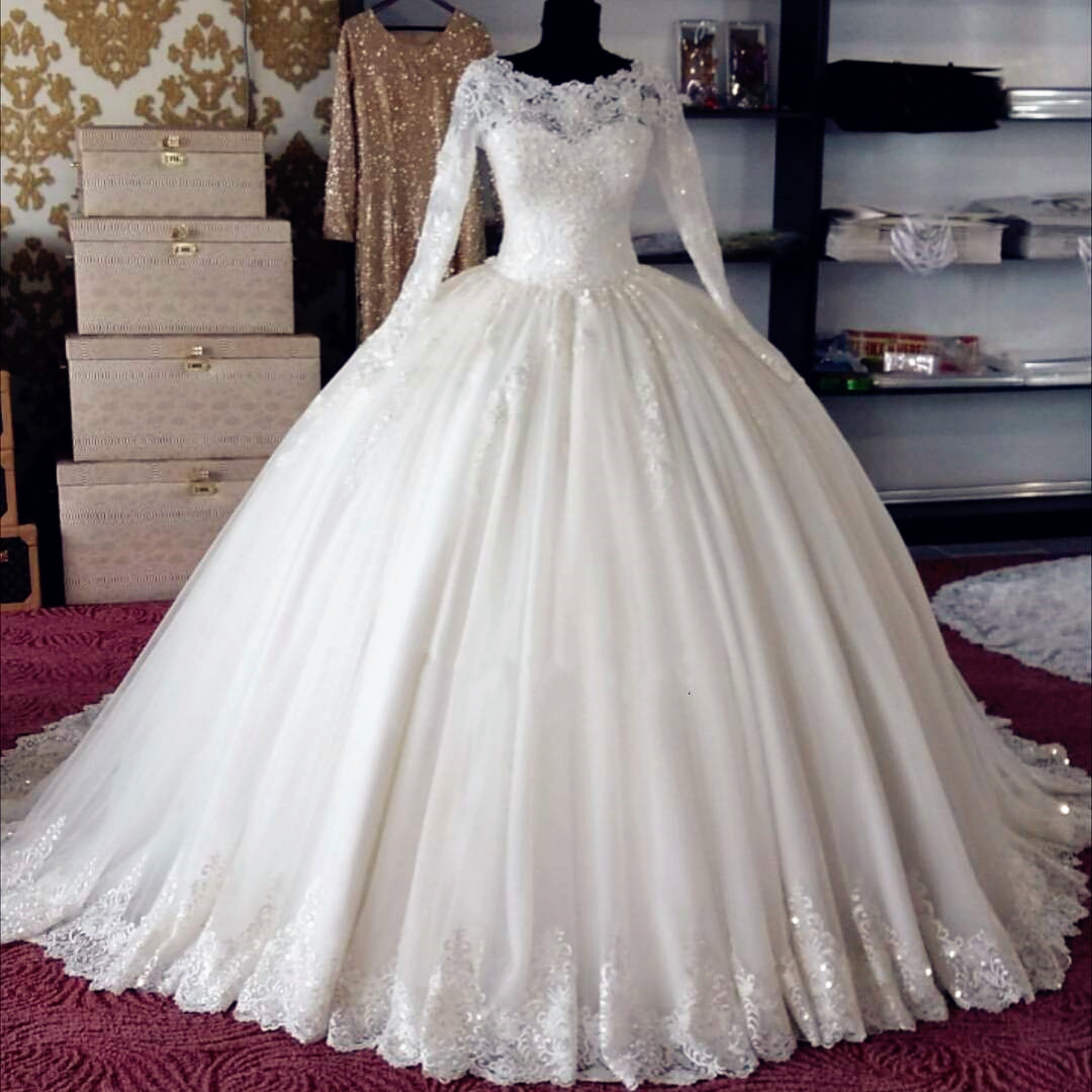 Elegant White Ball Gown Princess Wedding Dresses Custom Made Long Sleeve Women Puffy Wedding Gown