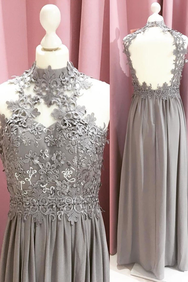 Elegant Grey Chiffon Lace Applique Prom Dresses,sexy Backless Evening Gown