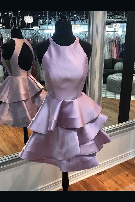 Simple Homecoming Dresses, A-line Halter Mini Satin Simple Open-back Tiered Cocktail Dresses 2019