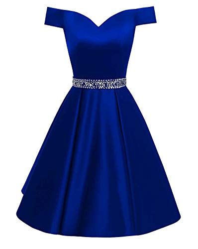 Prom Dresses Off The Shoulder Backless Homecoming Dress,royal Blue Beaded A Line Satin Cocktail Dress