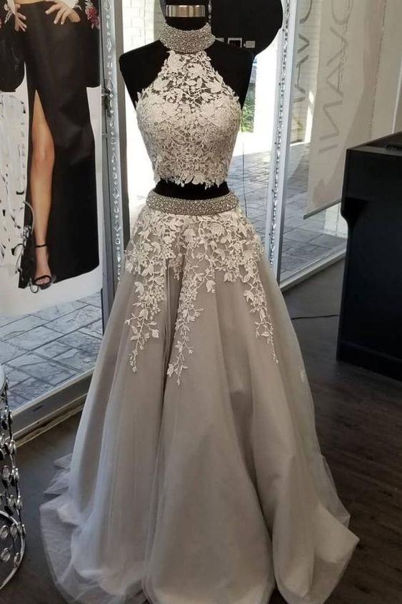 Gray Tulle Lace Beads Long Prom Dress,Floor Length Evening Dress,formal Dresses