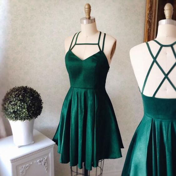 Emerald Homecoming Dress,Short Party Dress,Green Straps Formal Dress,V Neck Short Prom Dress