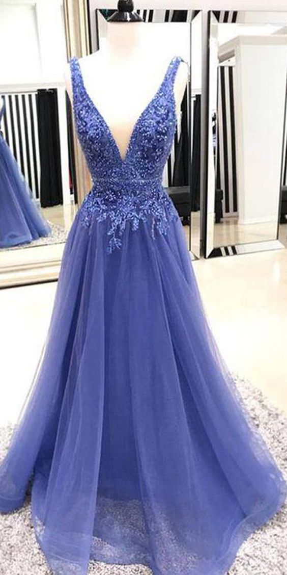 A-line V Neck Blue Tulle Prom/evening Dresses With Lace Applique