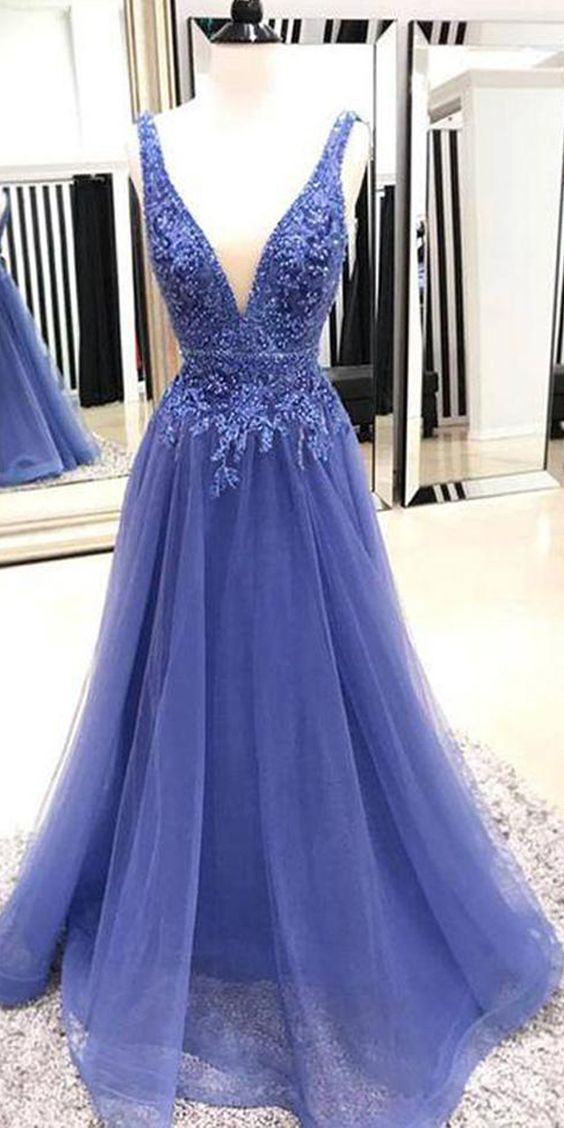 Embroidery Deep V Neck Blue Elegant Tulle Prom Dresses LBQ1542