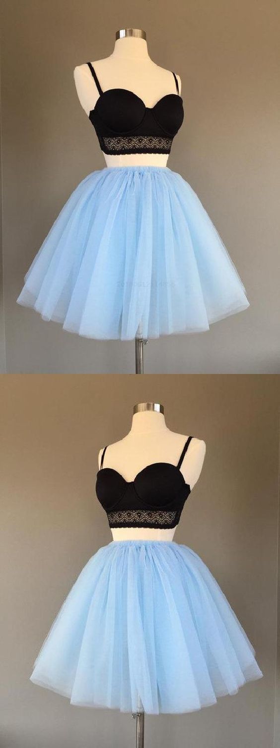 Two Pieces Blue Homecoming Dress A-line Simple Tulle Short Prom Dress