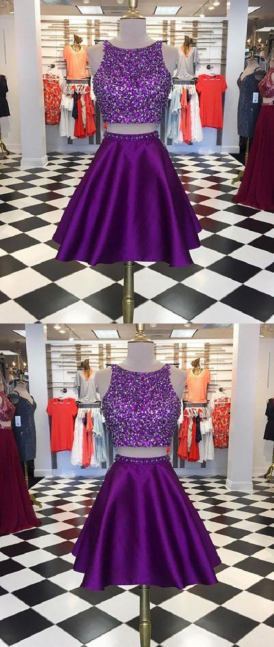 Short Prom Dresses Purple Two Pieces Sequin Short Prom Dress,back Open Homecoming Dress