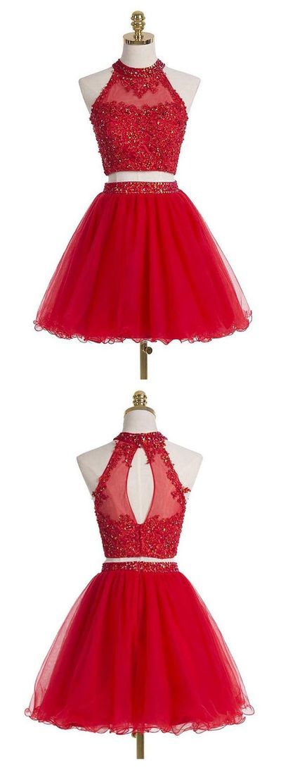 Two Piece Short Red Homecoming Dress,a Line Sleeveless Graduation Dresses