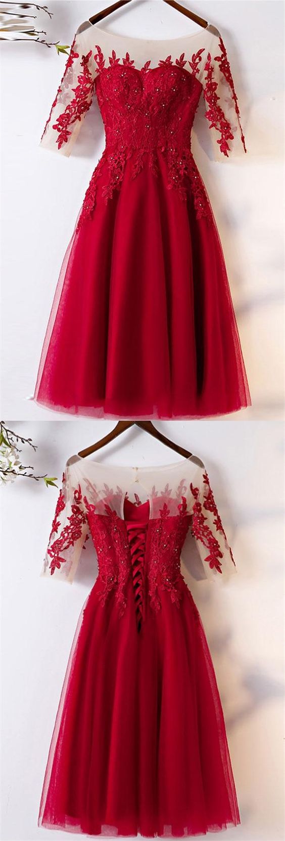 Red Prom Dress,tea Length Evening Dress, Wedding Party Dress