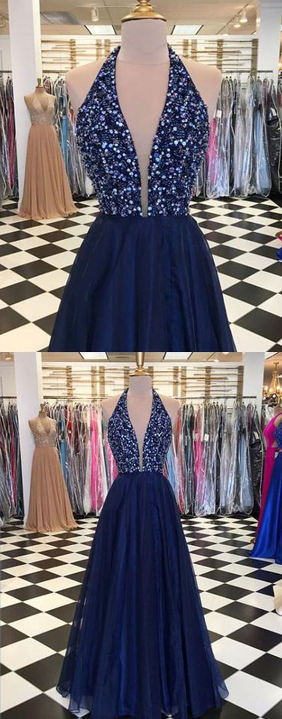 Shinning Sequins V Neck Navy Blue Tulle Backless Long Prom Dresses,Backless A Line Evening Gowns