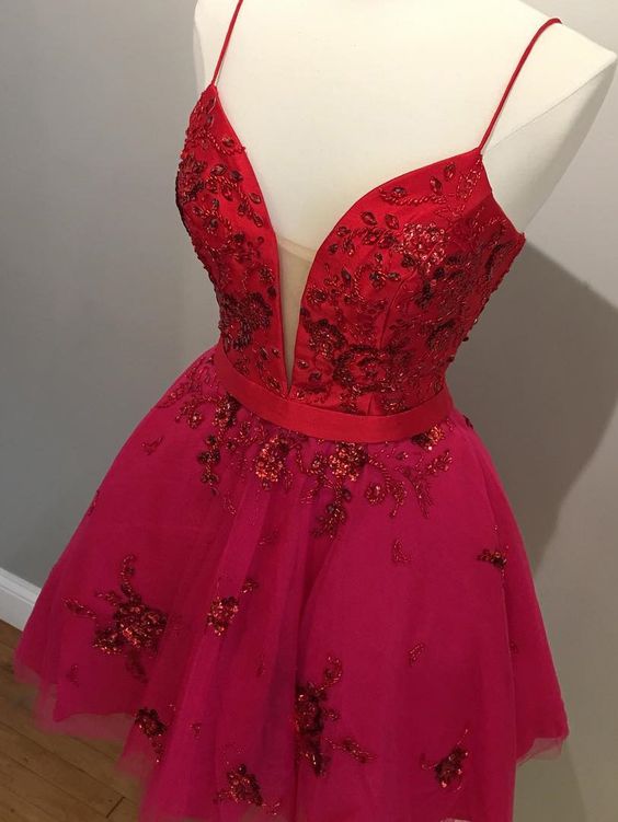 Spaghetti Straps Short Red Homecoming Dress Party Dress,v Neck Party Gowns
