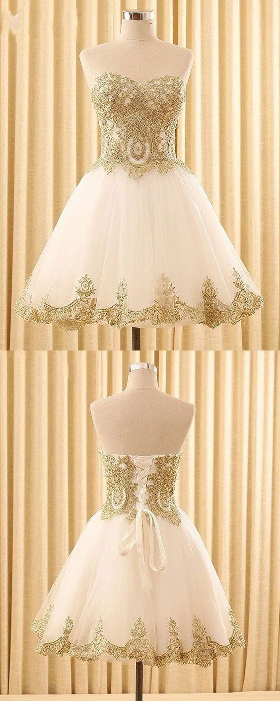 Luxury White Tulle Homecoming Dress,gold Appliques Short Ball Gown,strapless Corset Graduation Dress 2019