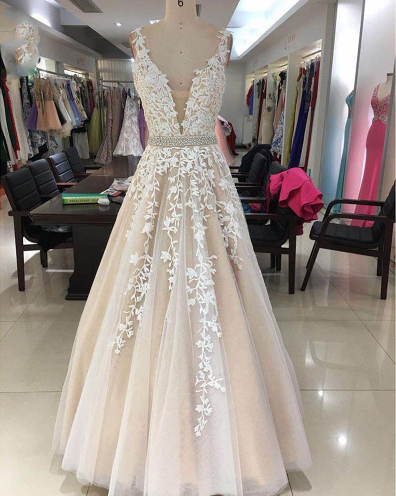Elegant Lace A Line Prom Dresses Long,v Neck A Line Tulle Party Dress For Weddings