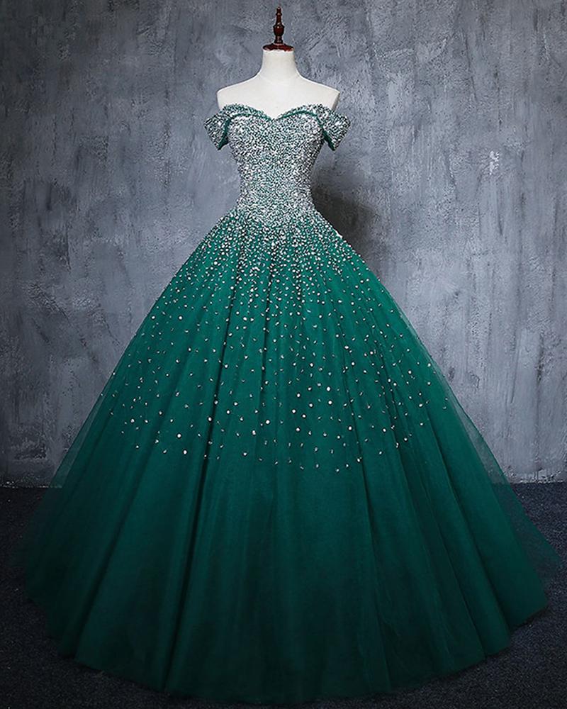 Elegant Off The Shoulder Crystal Beaded Dark Green Quinceanera Dresses Prom Dress Ball Gown