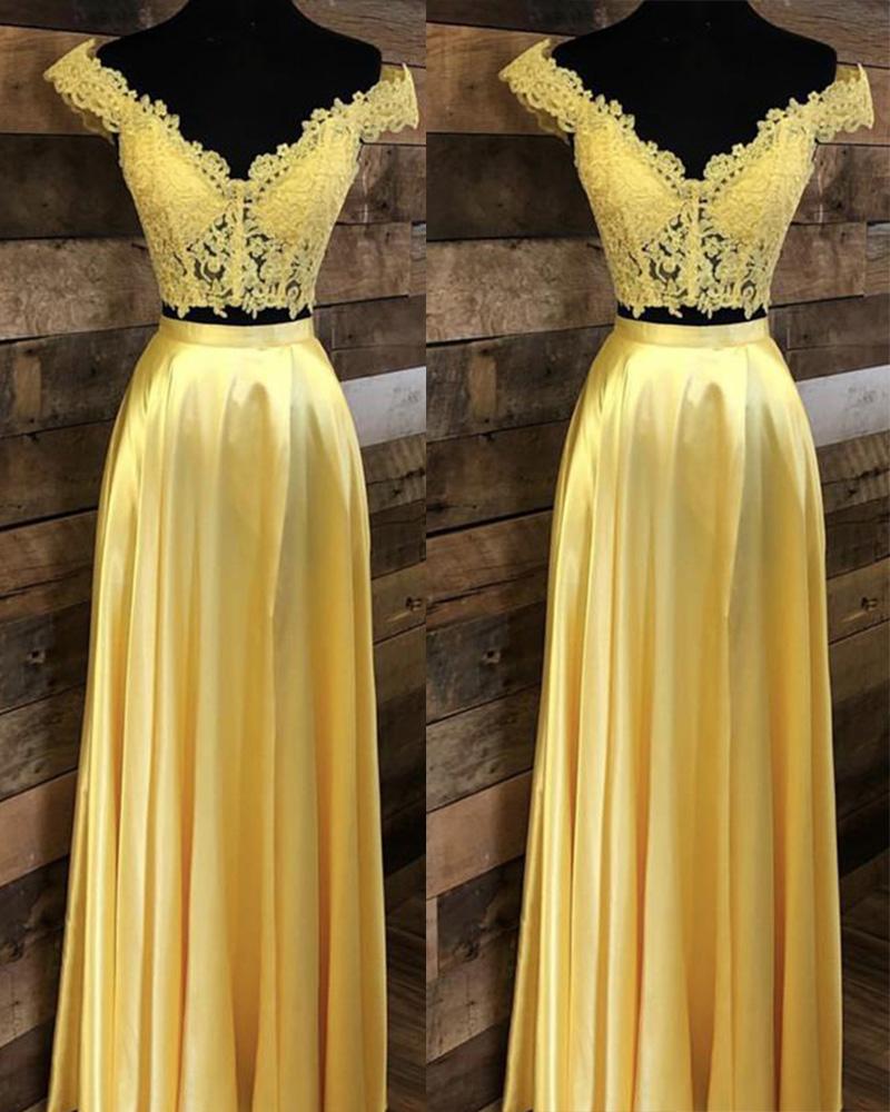 Yellow Crop Top Long Prom Dress Lace Off The Shoulder Gown For Grils,two Pieces Evening Party Gown