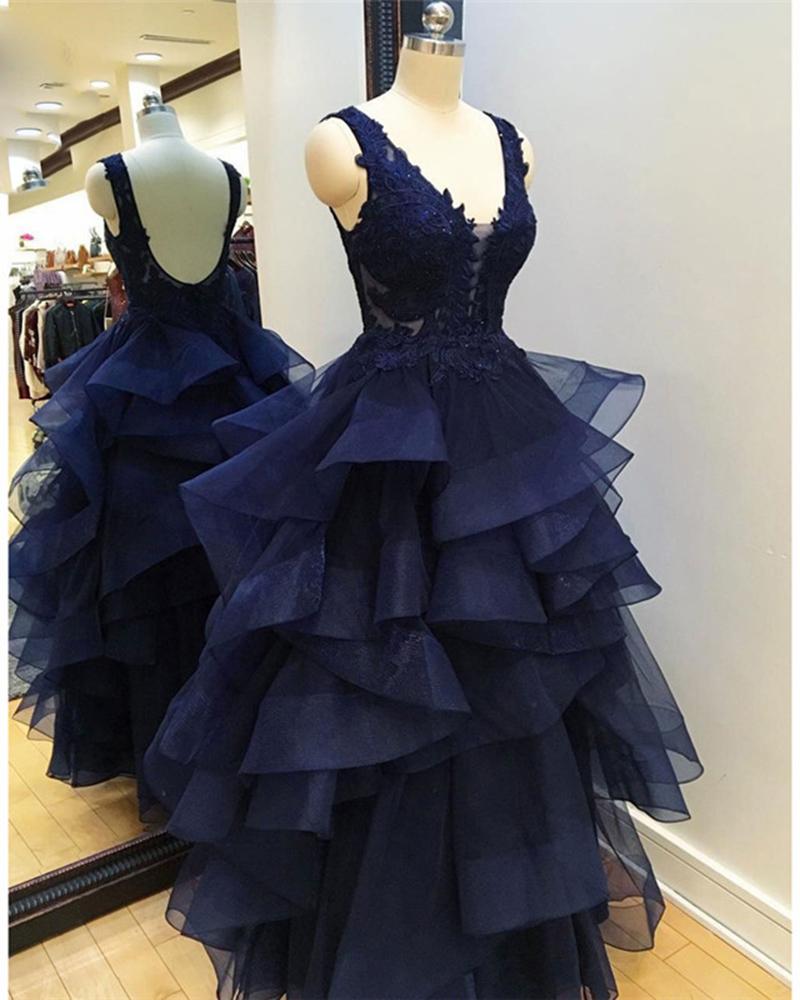 Navy Blue Sweet Sixteen Prom Dress Quinceanera Dresses,tiered Tulle Prom Dress