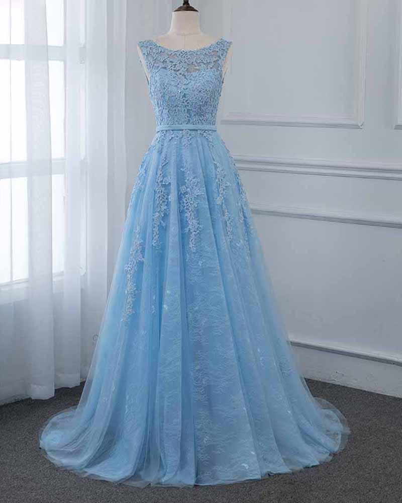 Scoop A Line Light Blue Tulle Lace Long Prom Formal Gown