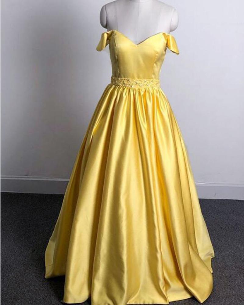 Yellow Girls Senior Prom Dresses Long 2019 Off Shoulder Evening Gown With Pocket,Graduation Dress