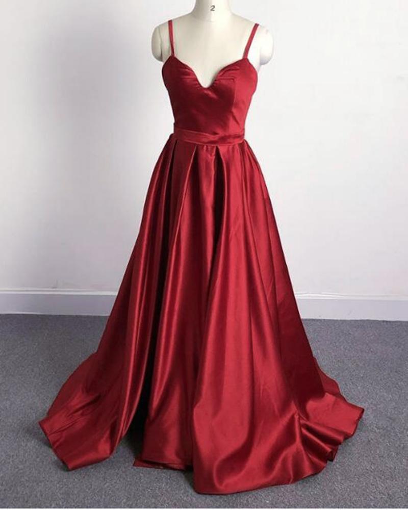 Gorgeous Burgundy Evening Dress with Long Spaghetti Straps and Split main image 0