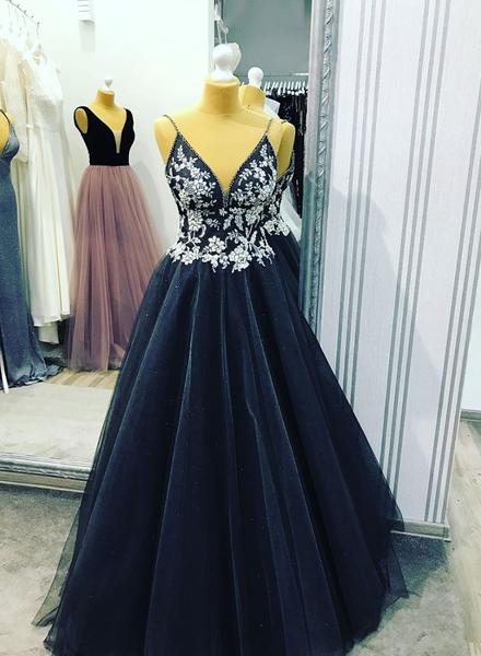 Popular Sexy Spaghetti Black Lace Beaded V-Back Tulle Prom Dresses, PD0250
