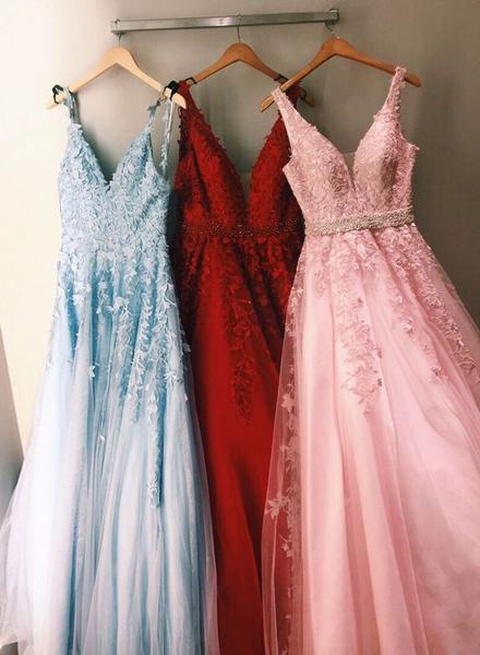 Stylish V Neck Tulle Lace Long Prom Dress, Evening Dress