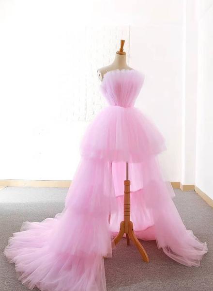 Pink Tulle Long Prom Dress,beautiful High Low Evening Dress,custom Formal Dresses